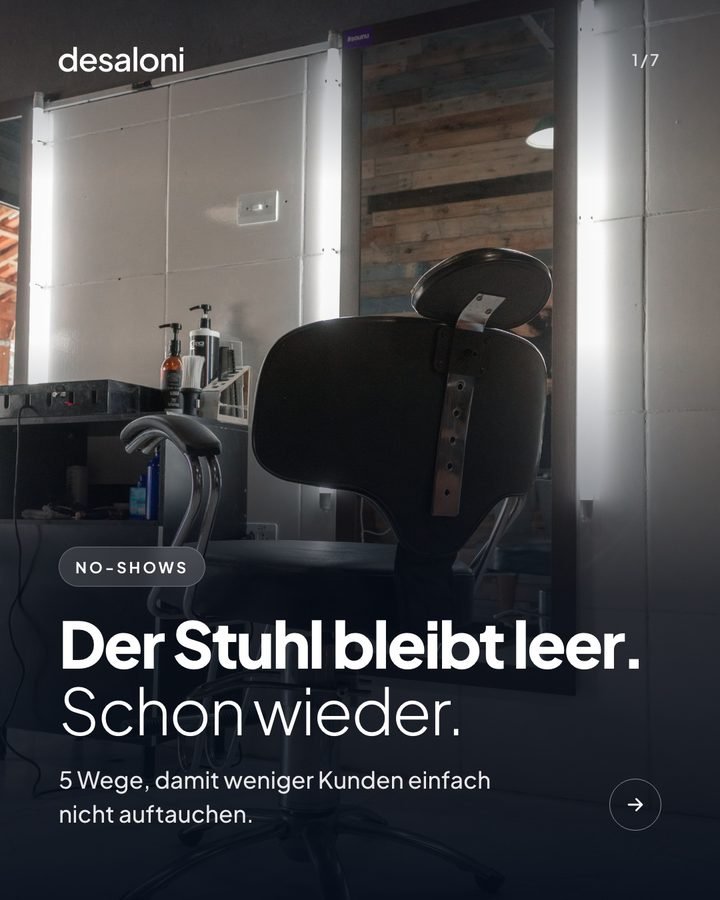 Erste Folie eines Karussells für desaloni: leerer Friseurstuhl, darauf der Titel „Der Stuhl bleibt leer. Schon wieder.“