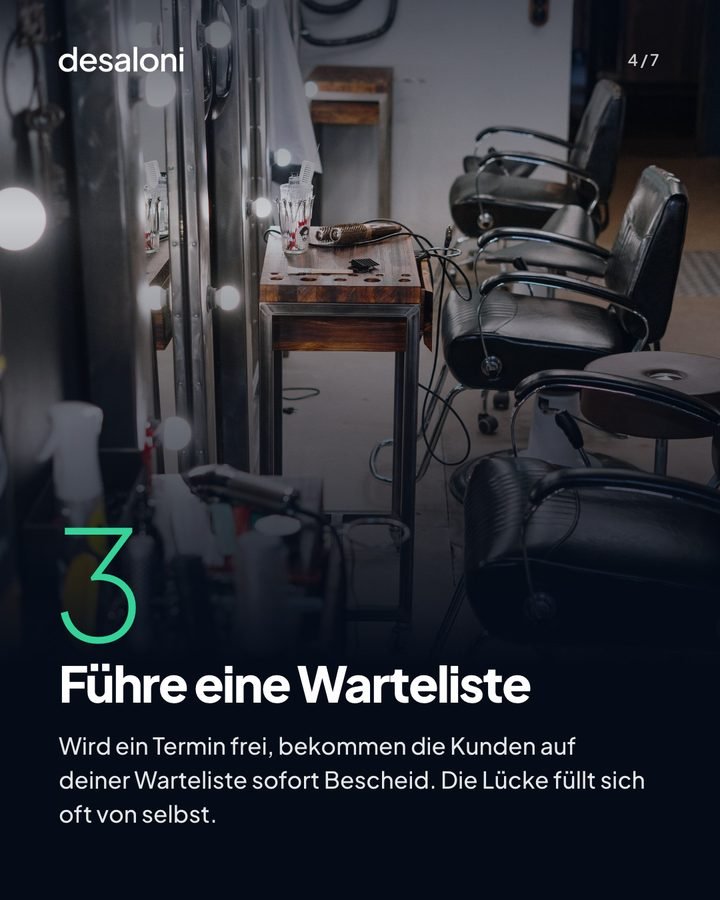 Vierte Folie: Blick in einen Salon, darunter der dritte Tipp „Führe eine Warteliste“
